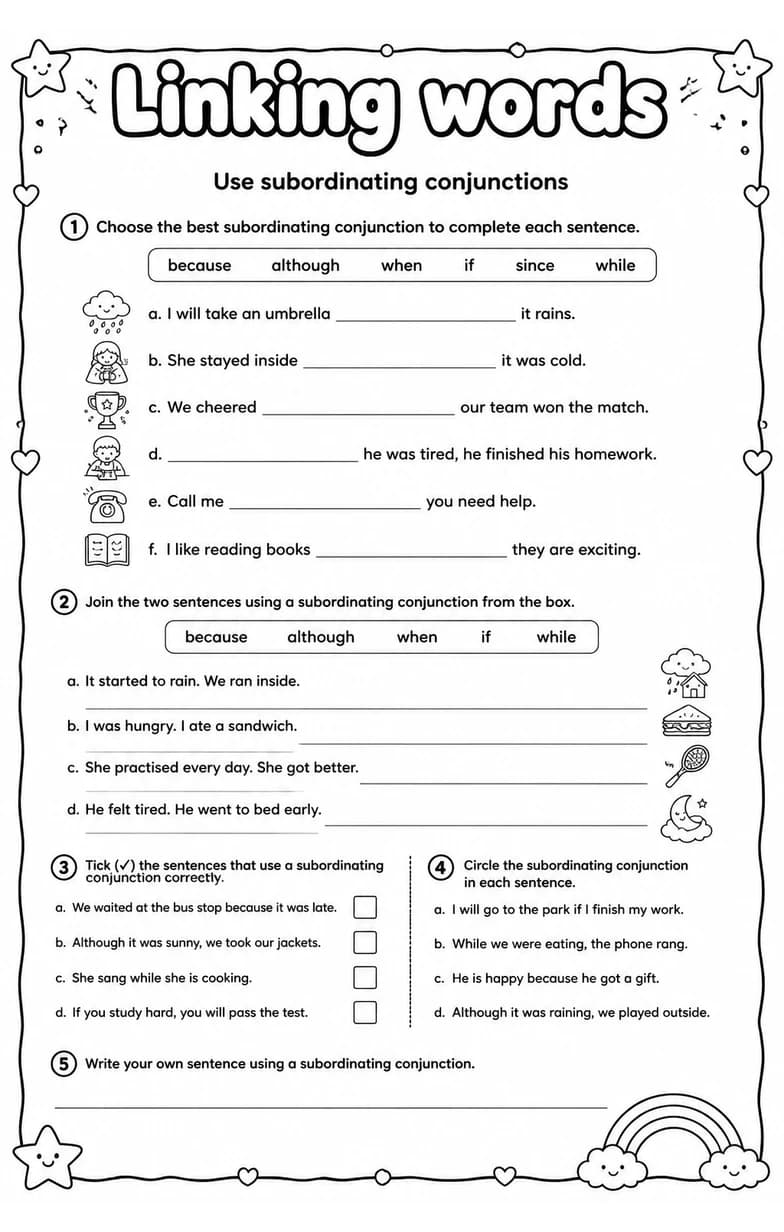 Use subordinating conjunctions — free printable Grade 3 English & Reading worksheet