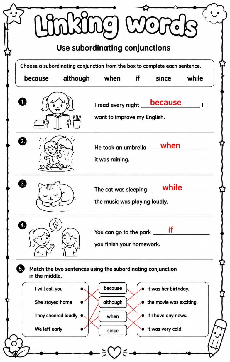 Answer key for Use subordinating conjunctions — free printable English & Reading worksheet