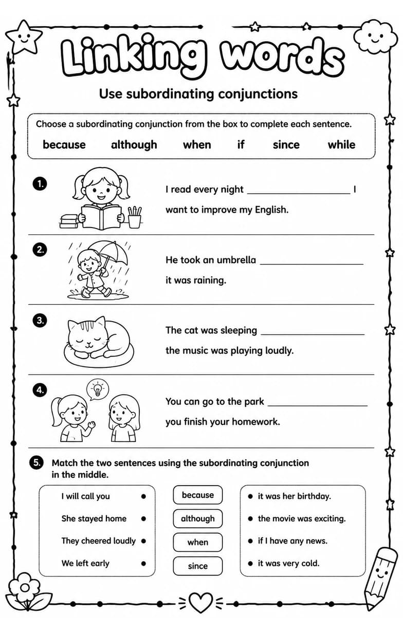 Use subordinating conjunctions — free printable Grade 4 English & Reading worksheet