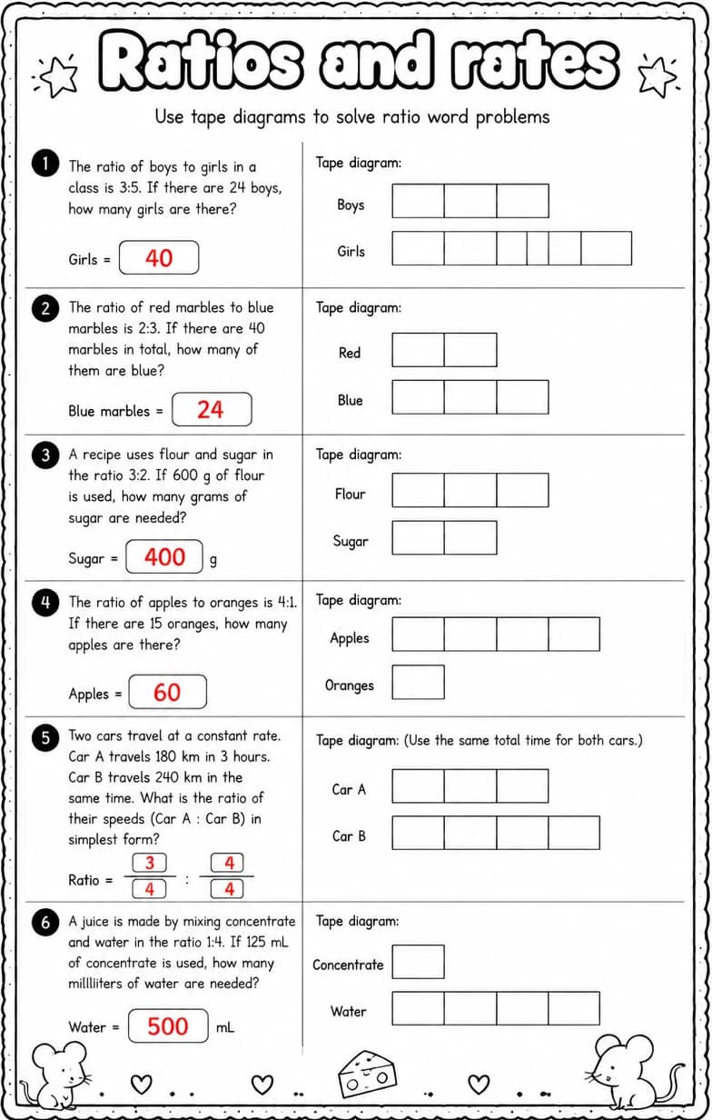 Answer key for Use tape diagrams to solve ratio word problems — free printable Math worksheet