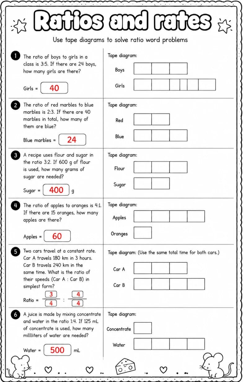 Answer key for Use tape diagrams to solve ratio word problems — free printable Math worksheet