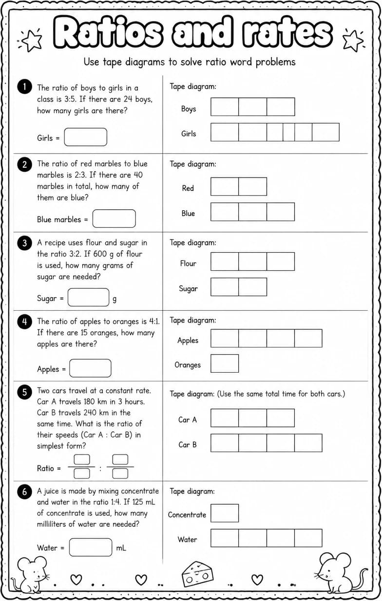 Use tape diagrams to solve ratio word problems — free printable Grade 6 math worksheet