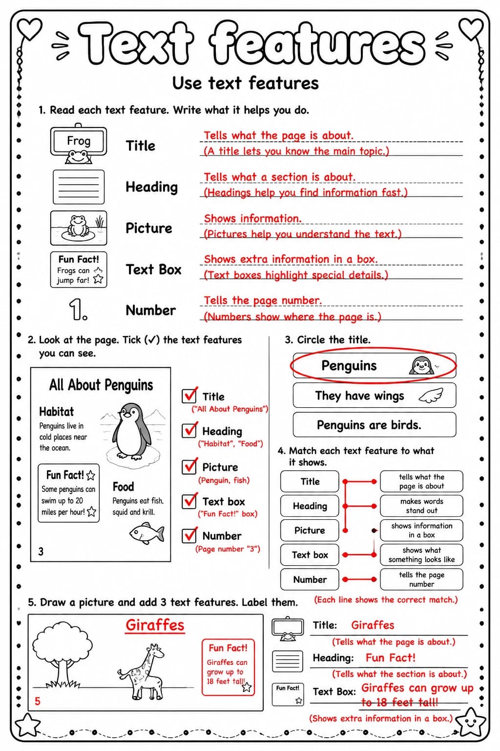 Answer key for Use text features — free printable English & Reading worksheet
