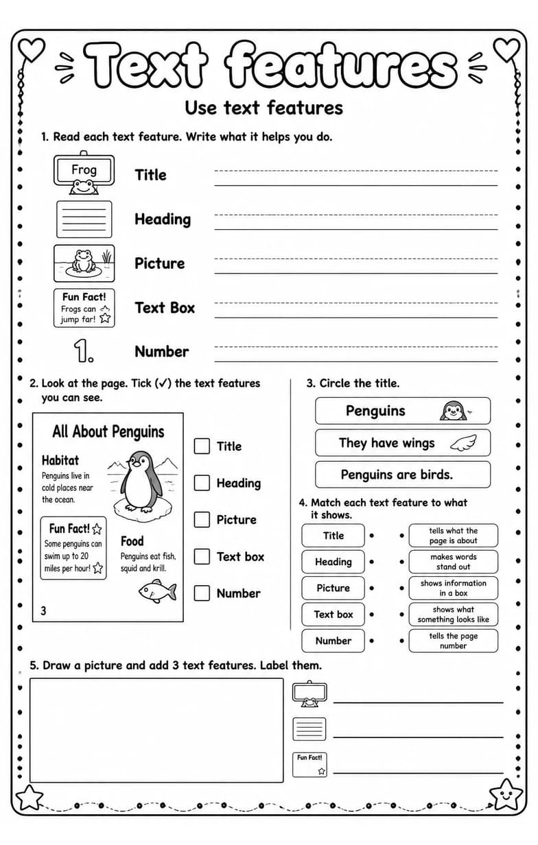 Use text features — free printable Grade 1 English & Reading worksheet