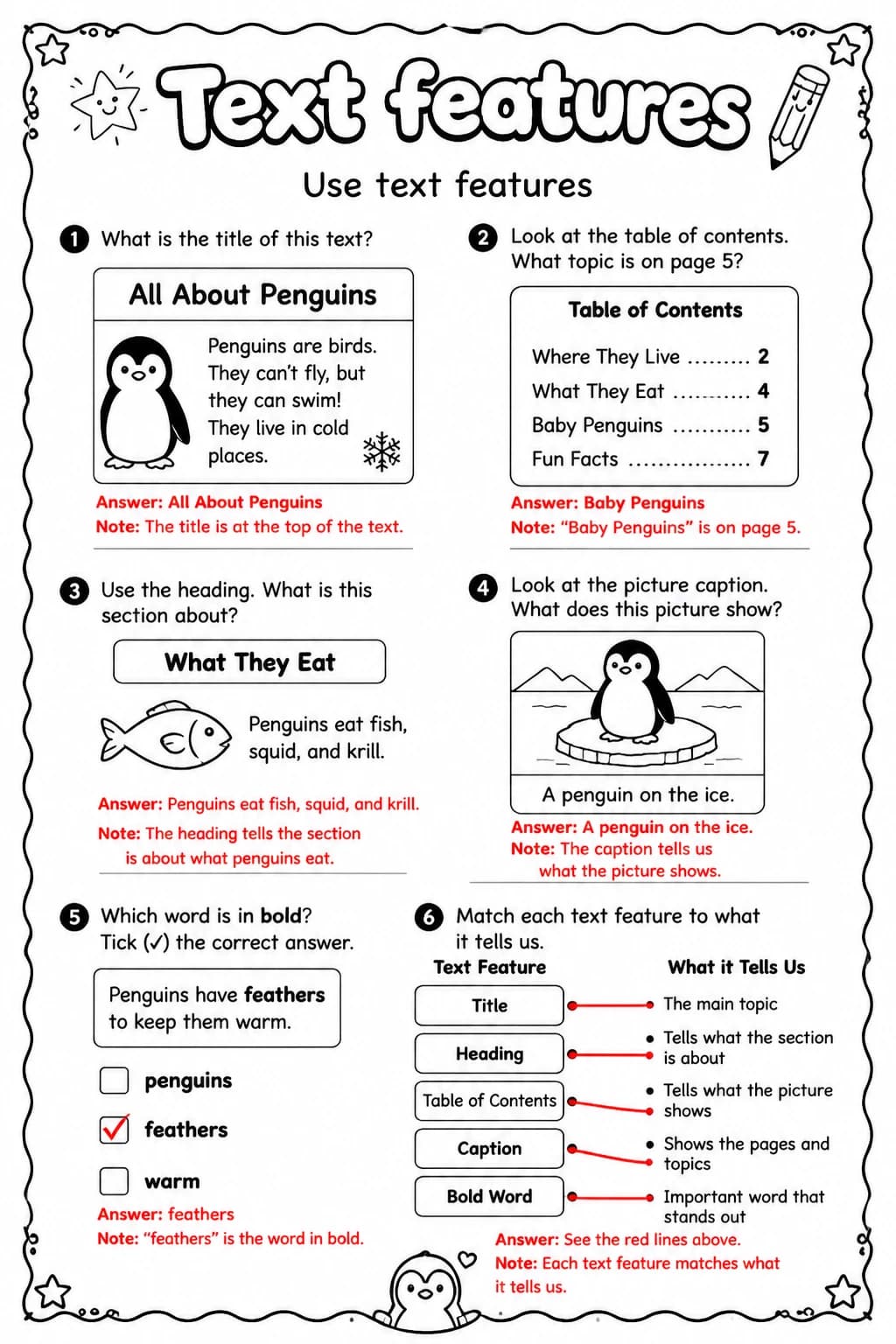 Answer key for Use text features — free printable English & Reading worksheet