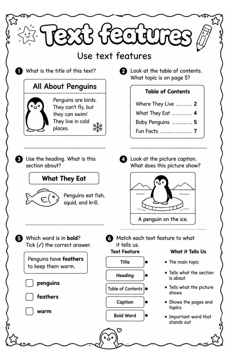 Use text features — free printable Grade 2 English & Reading worksheet