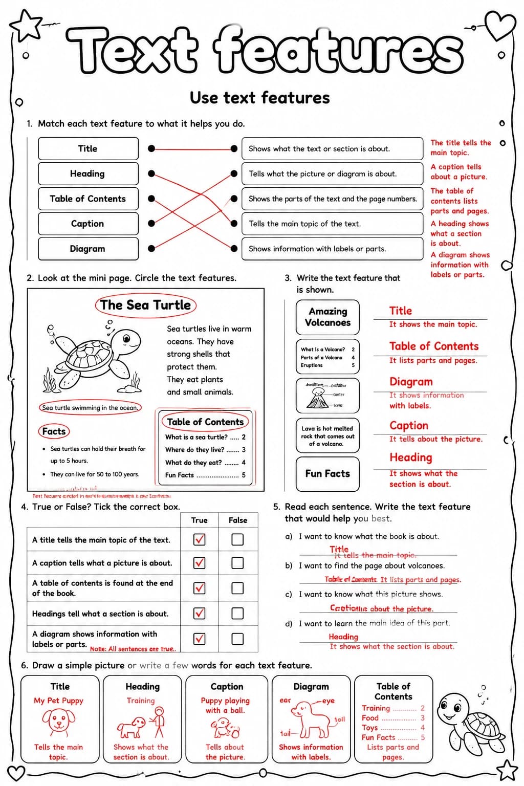 Answer key for Use text features — free printable English & Reading worksheet