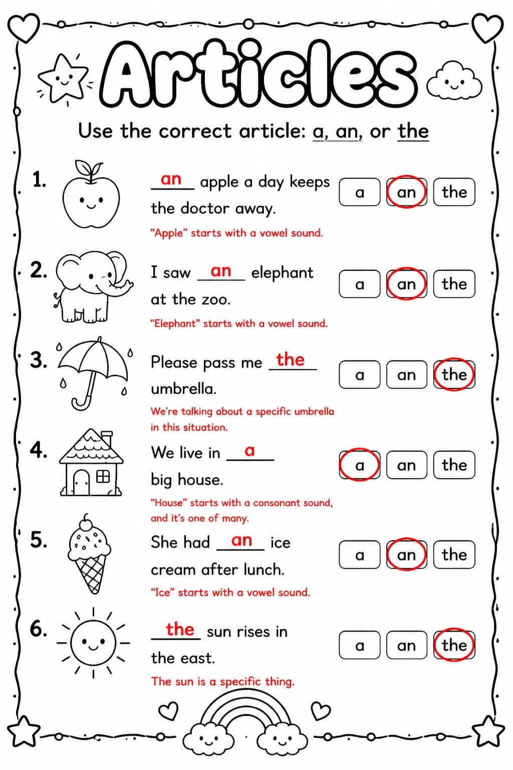 Answer key for Use the correct article: a, an, or the — free printable English & Reading worksheet