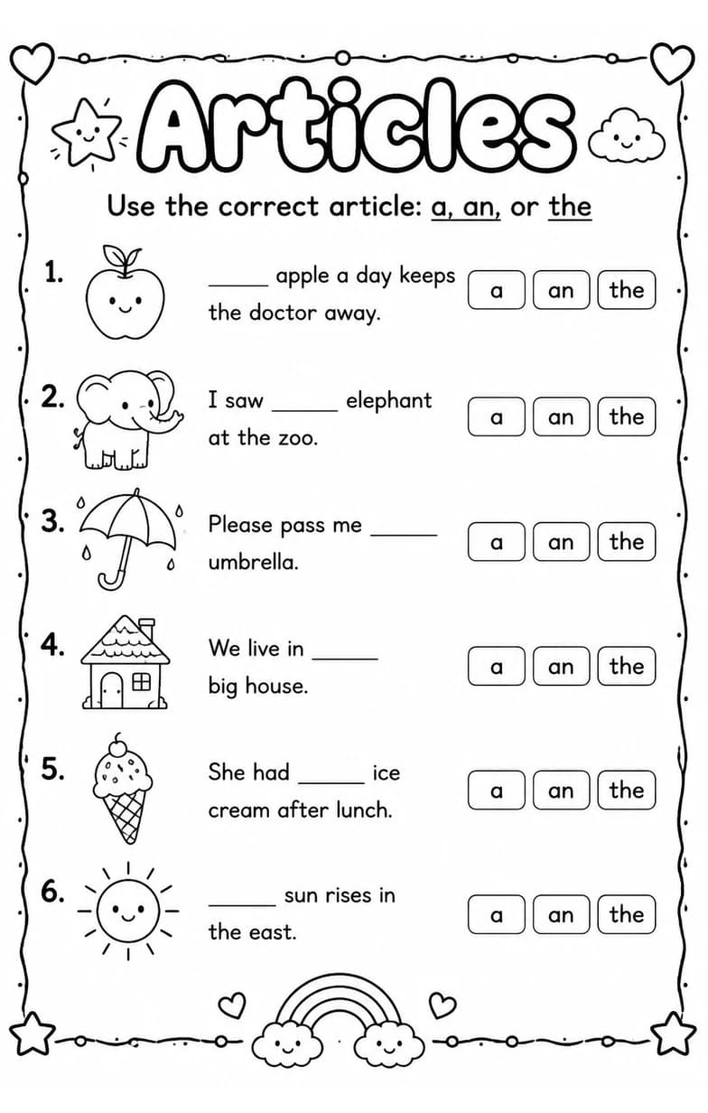 Use the correct article: a, an, or the — free printable Grade 3 English & Reading worksheet