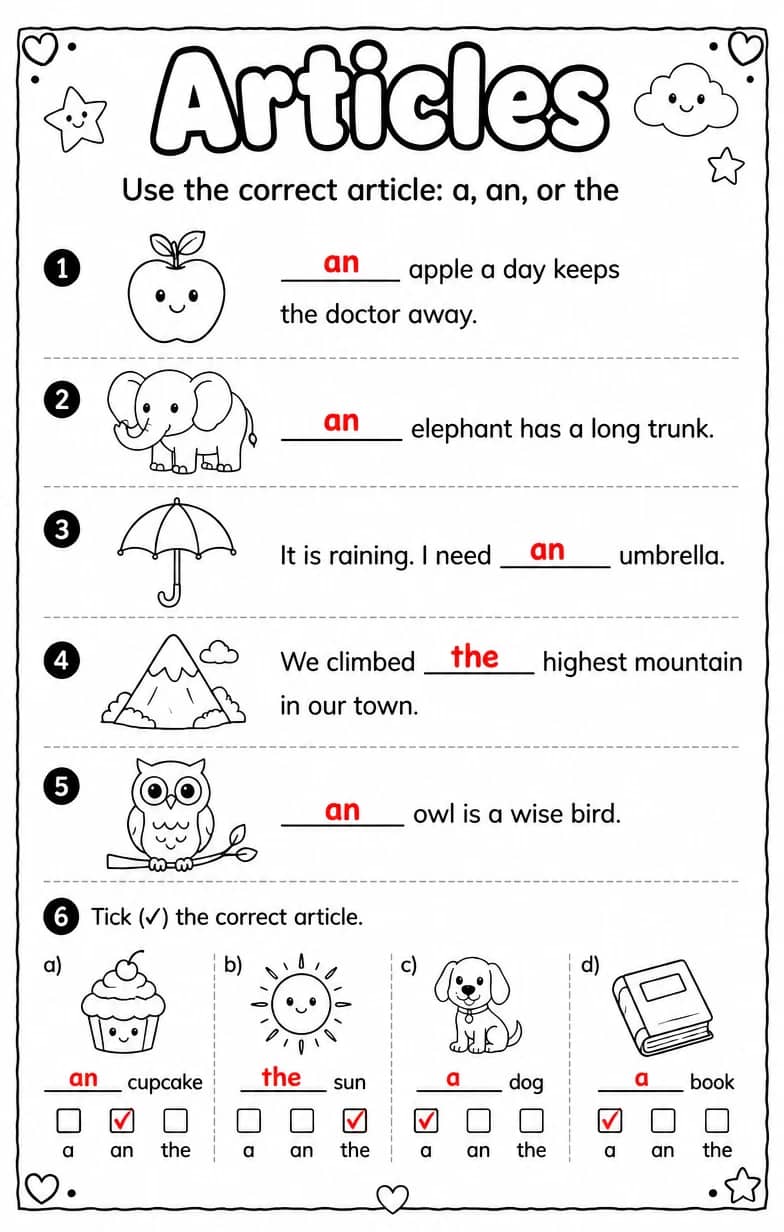 Answer key for Use the correct article: a, an, or the — free printable English & Reading worksheet