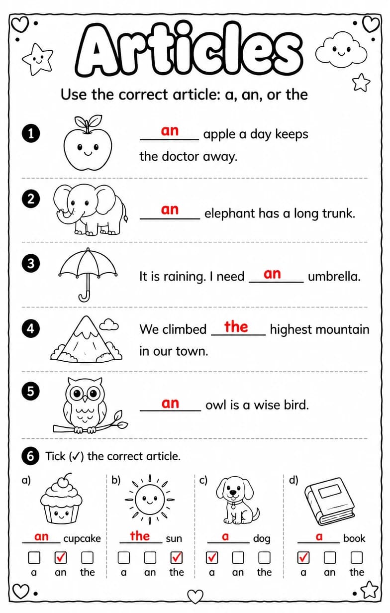 Answer key for Use the correct article: a, an, or the — free printable English & Reading worksheet