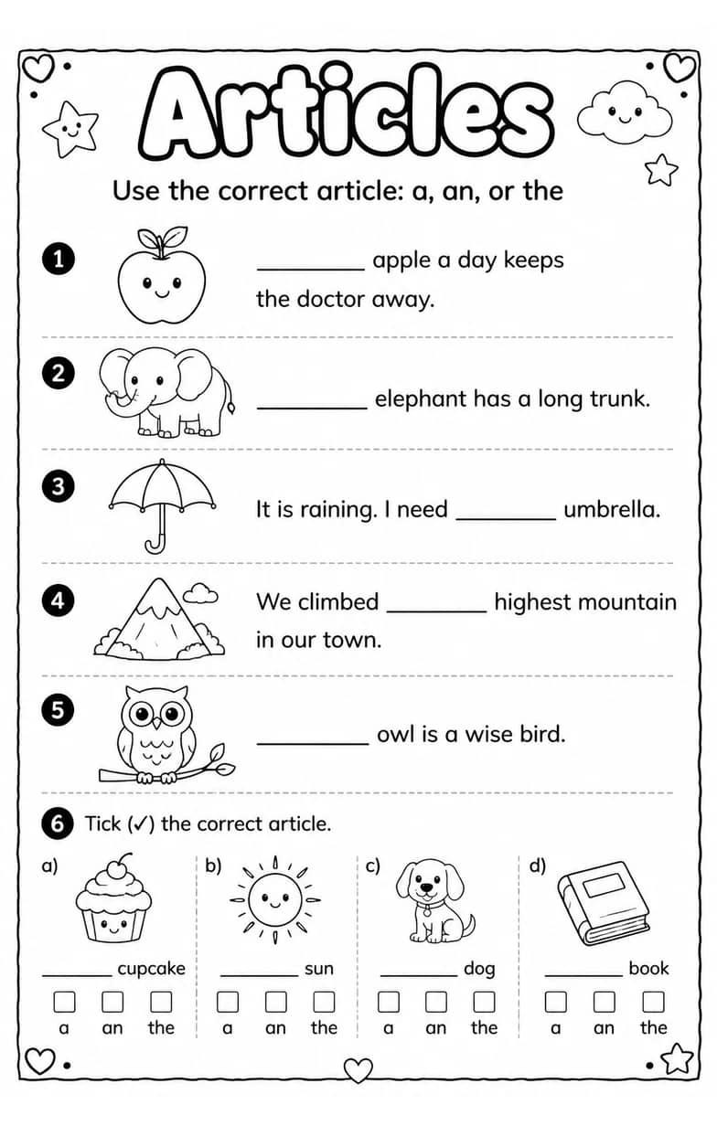 Use the correct article: a, an, or the — free printable Grammar and mechanics English worksheet