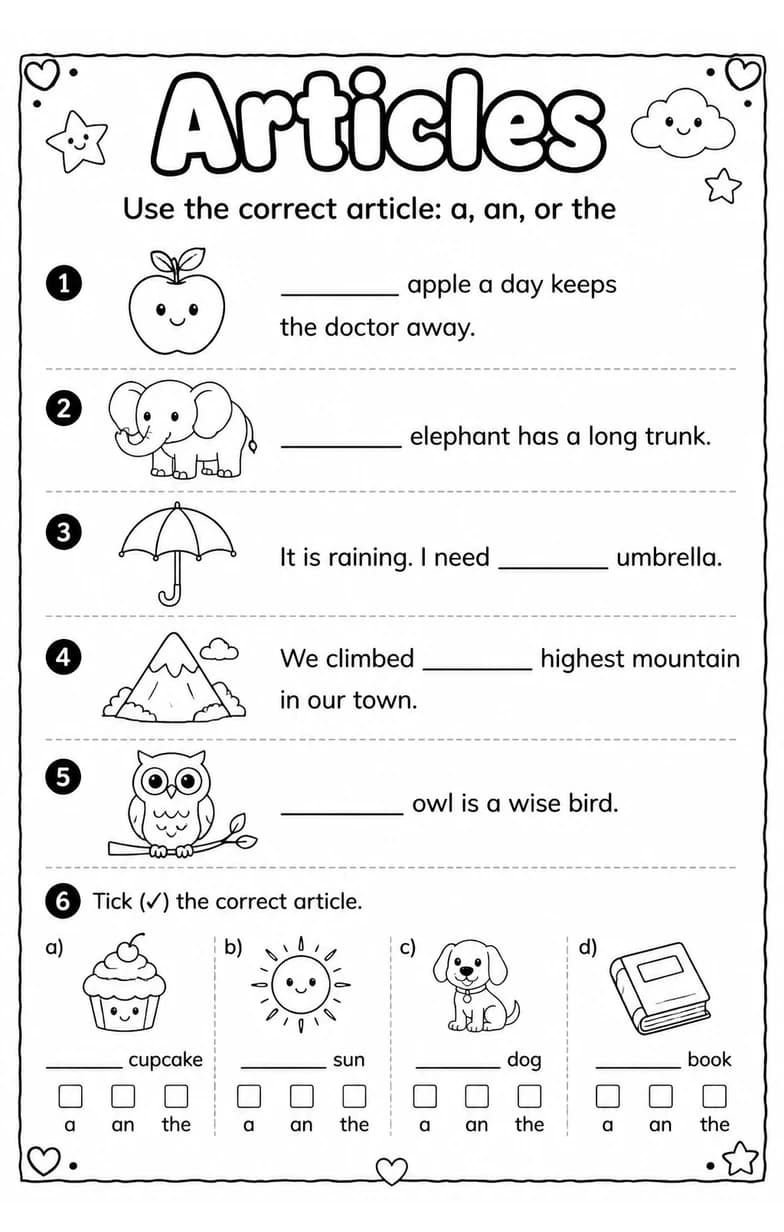 Use the correct article: a, an, or the — free printable Grammar and mechanics English worksheet