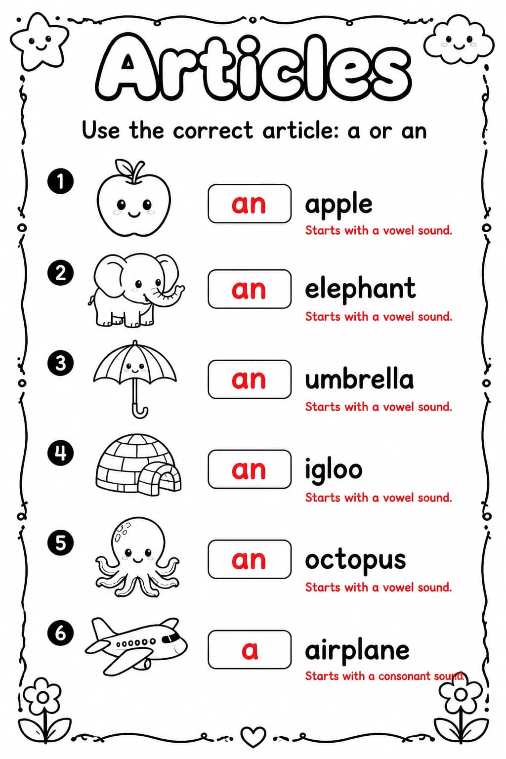 Answer key for Use the correct article: a or an — free printable English & Reading worksheet