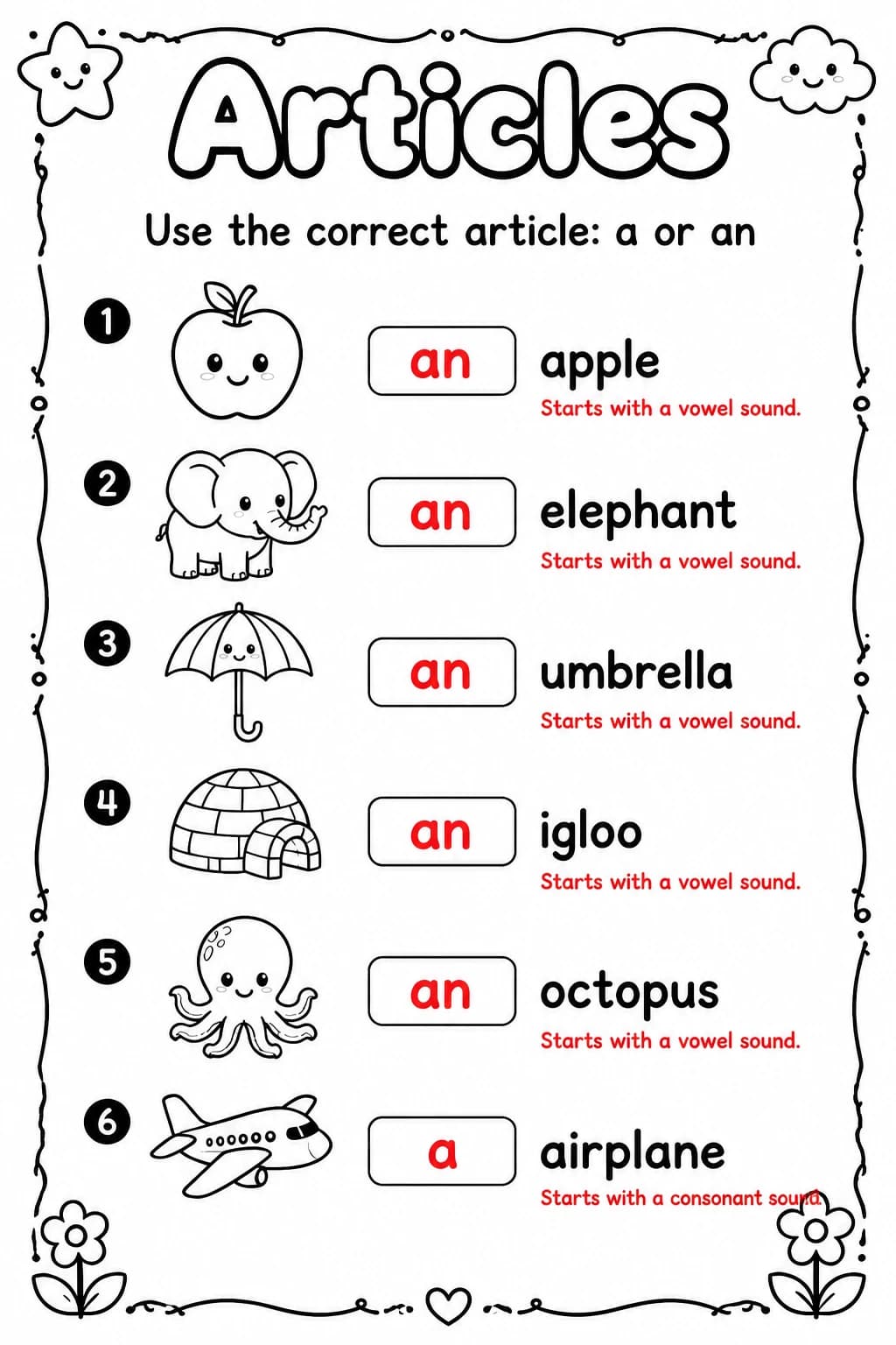 Answer key for Use the correct article: a or an — free printable English & Reading worksheet