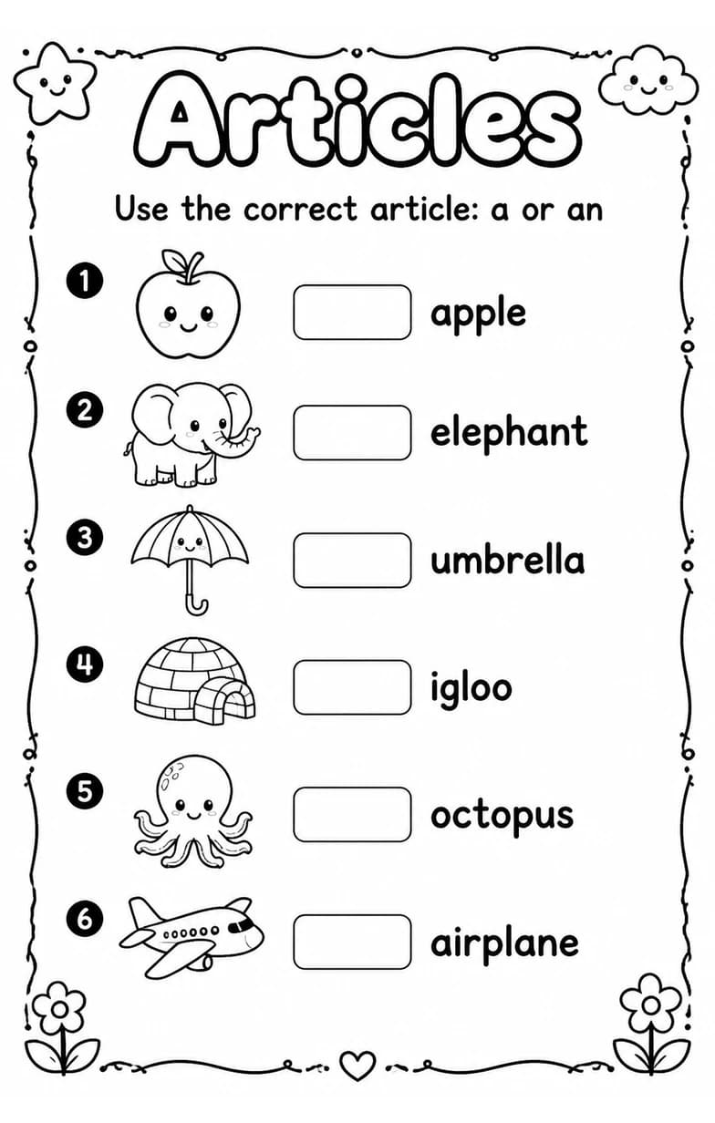 Use the correct article: a or an — free printable Grade 1 English & Reading worksheet