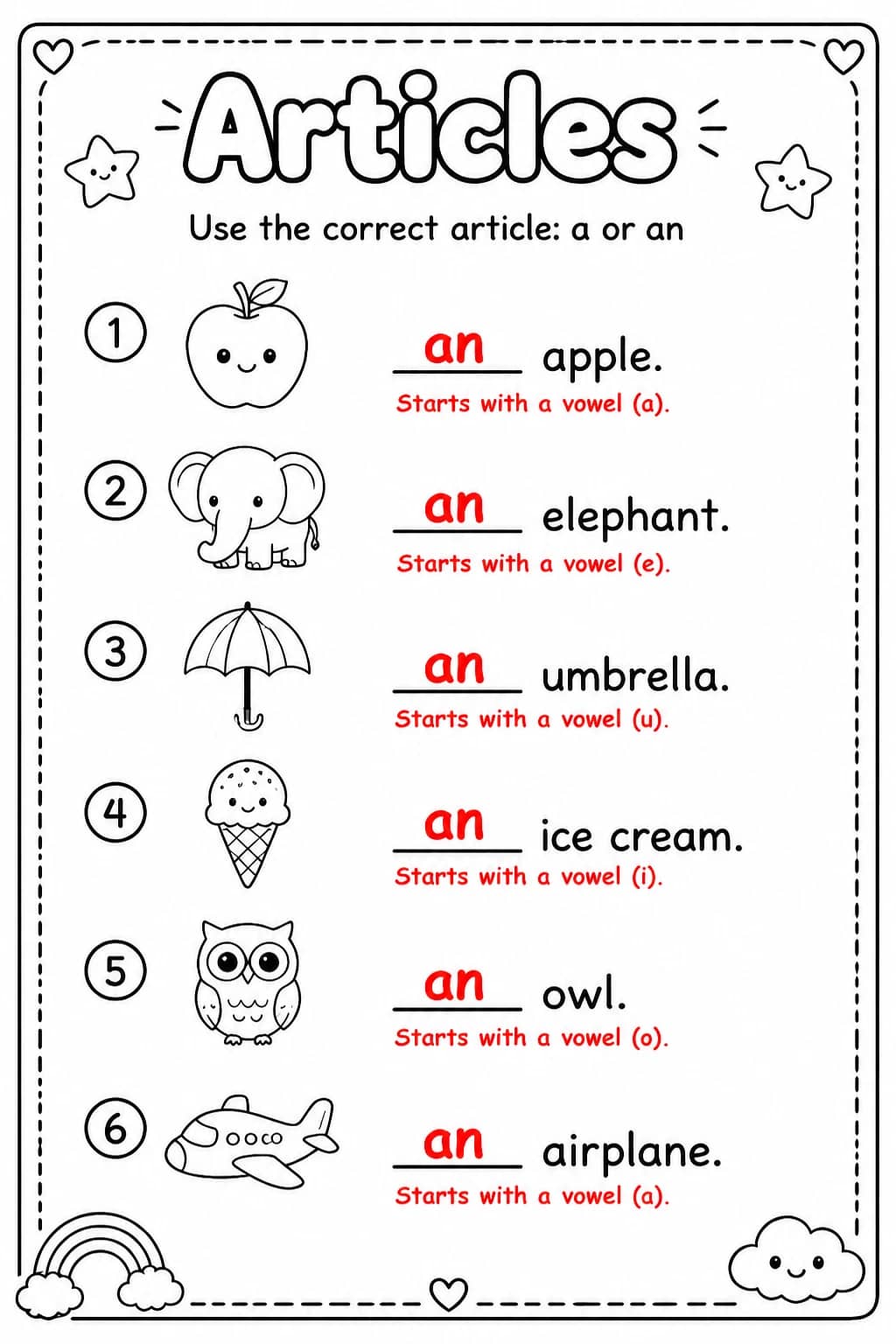 Answer key for Use the correct article: a or an — free printable English & Reading worksheet