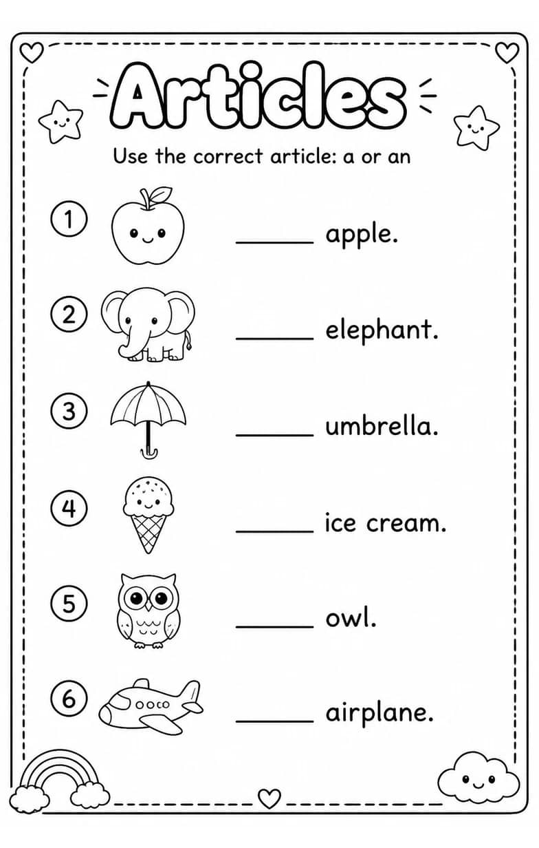 Use the correct article: a or an — free printable Grammar and mechanics English worksheet