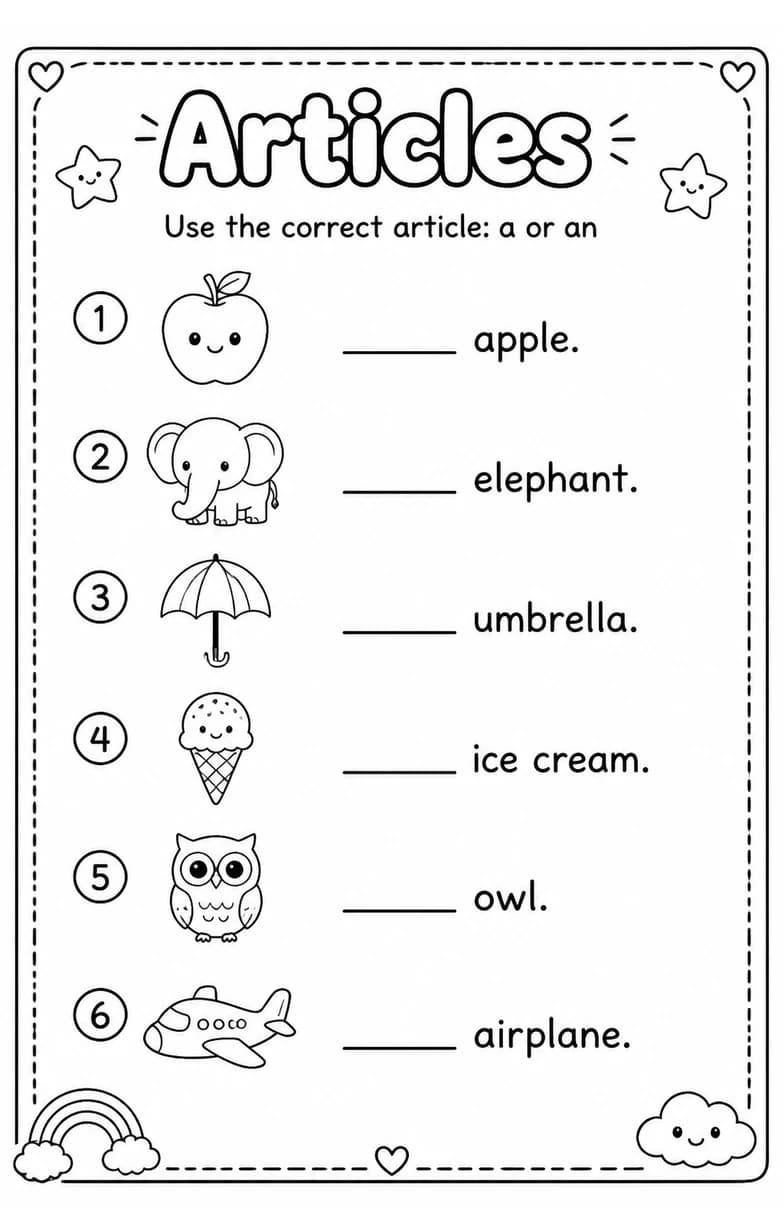 Use the correct article: a or an — free printable Grade 2 English & Reading worksheet