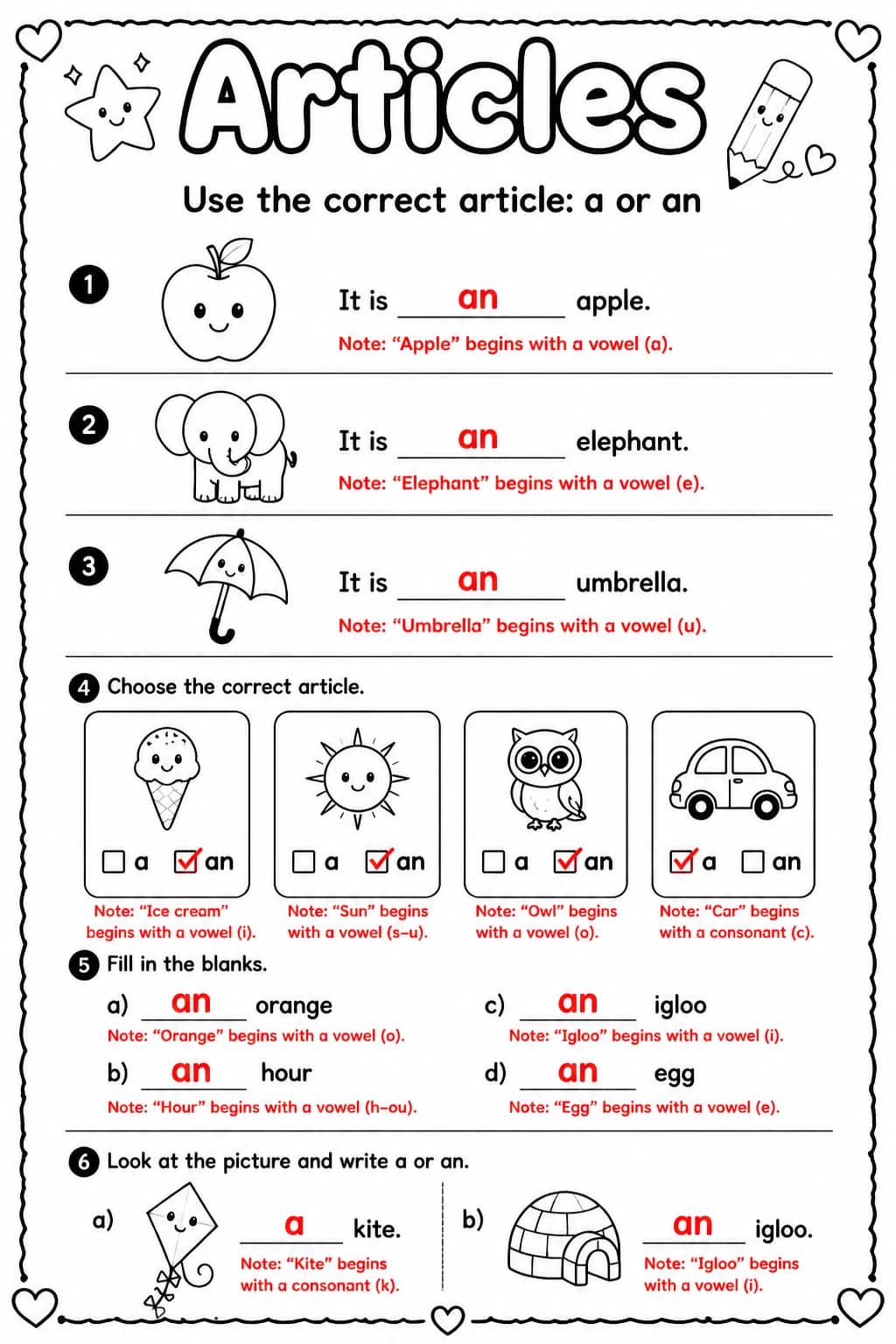 Answer key for Use the correct article: a or an — free printable English & Reading worksheet