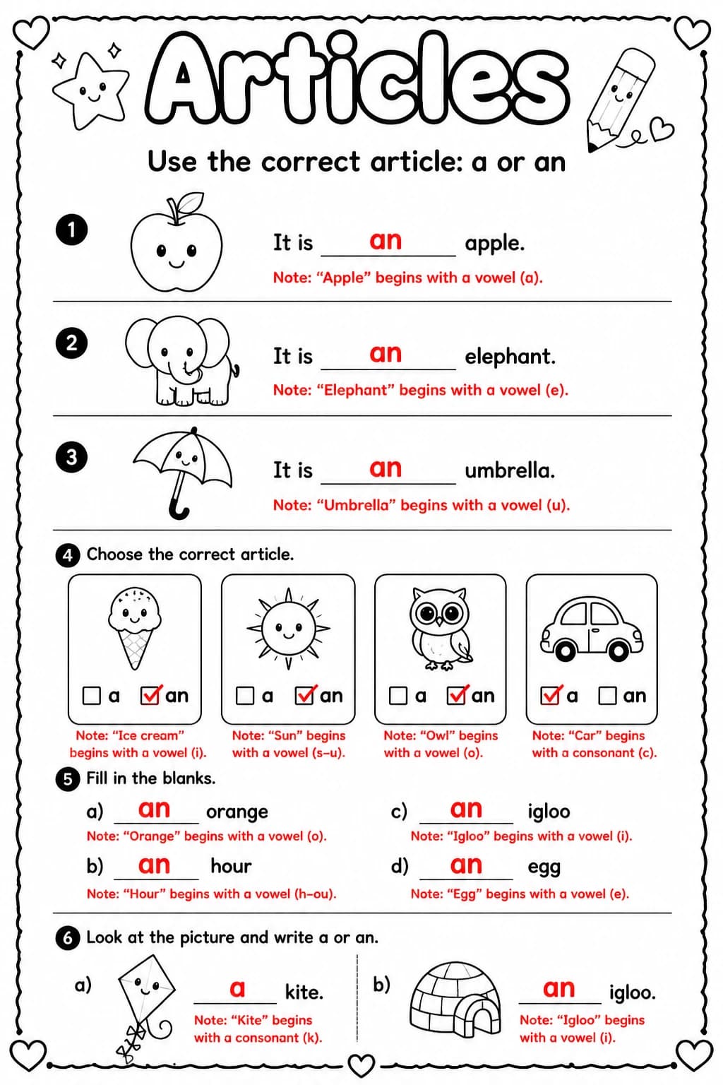 Answer key for Use the correct article: a or an — free printable English & Reading worksheet
