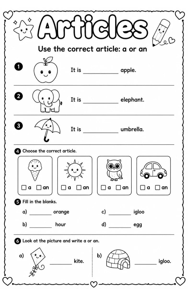 Use the correct article: a or an — free printable Grade 3 English & Reading worksheet