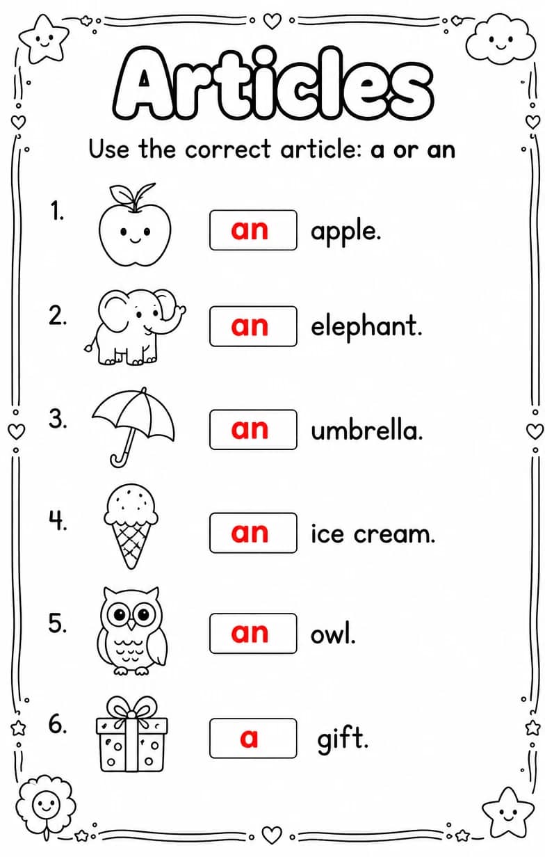 Answer key for Use the correct article: a or an — free printable English & Reading worksheet