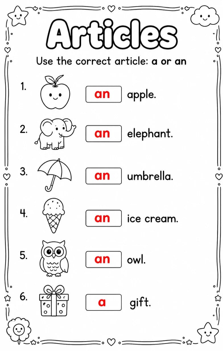 Answer key for Use the correct article: a or an — free printable English & Reading worksheet