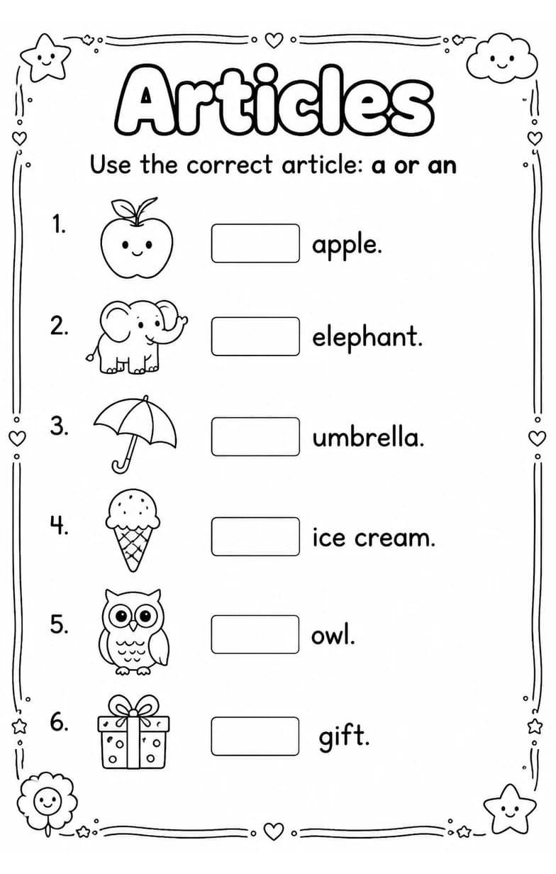 Use the correct article: a or an — free printable Grammar and mechanics English worksheet
