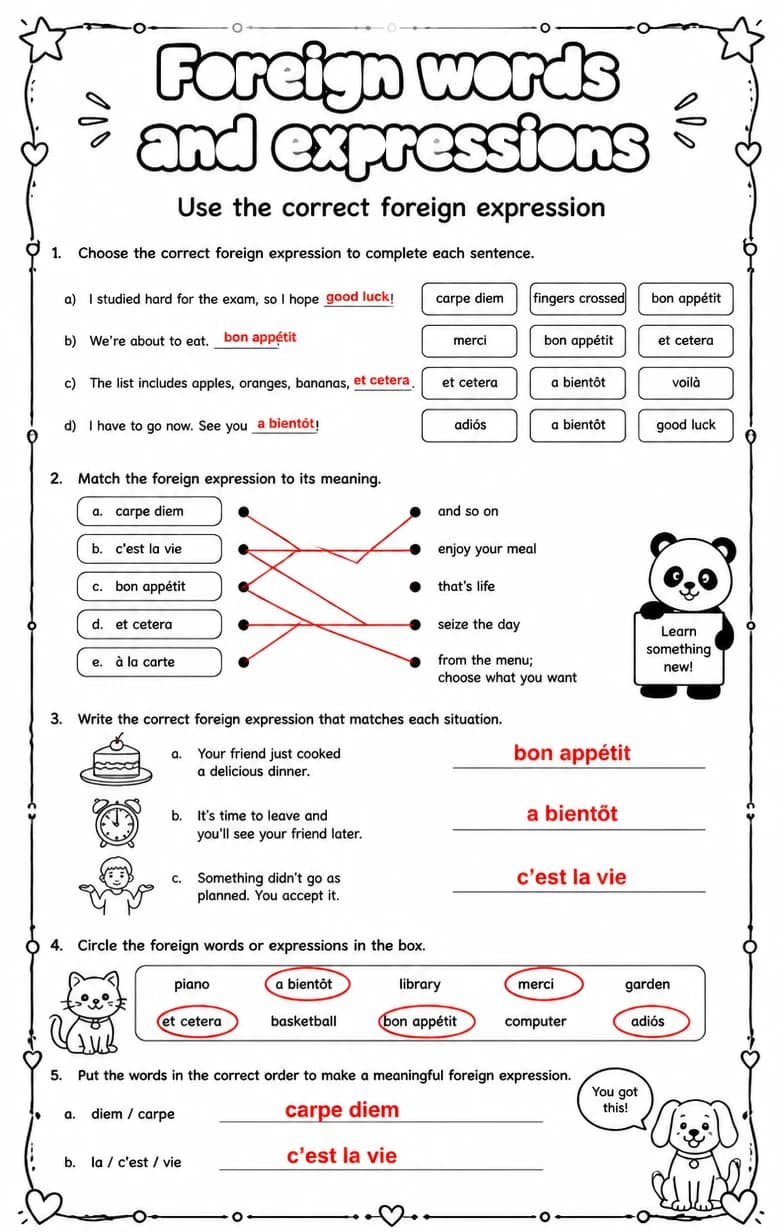Answer key for Use the correct foreign expression — free printable English & Reading worksheet
