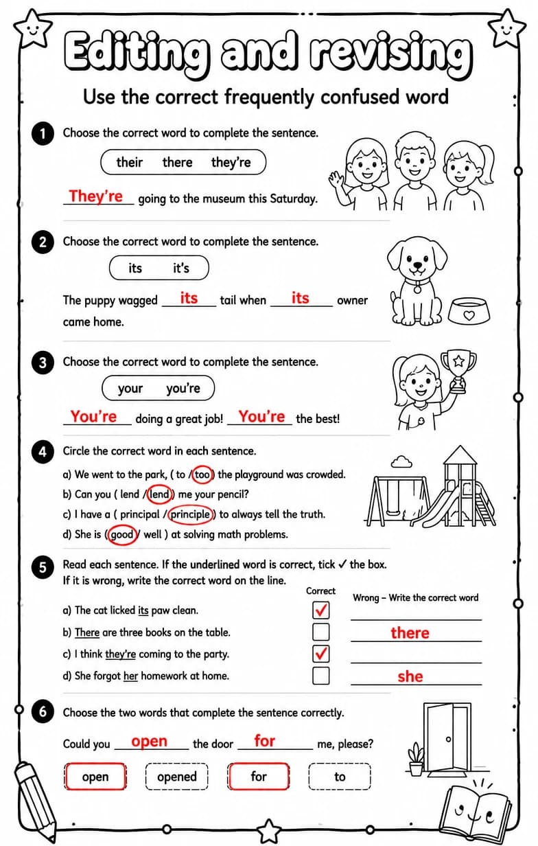 Answer key for Use the correct frequently confused word — free printable English & Reading worksheet