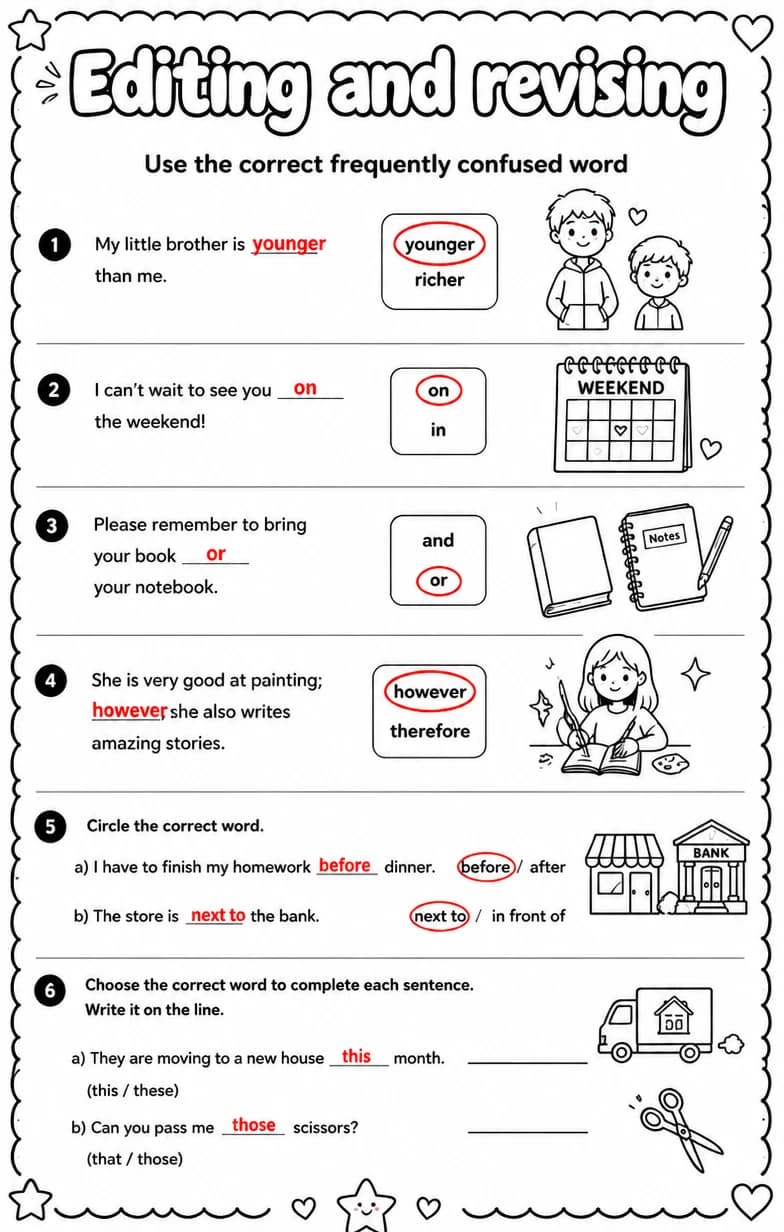 Answer key for Use the correct frequently confused word — free printable English & Reading worksheet