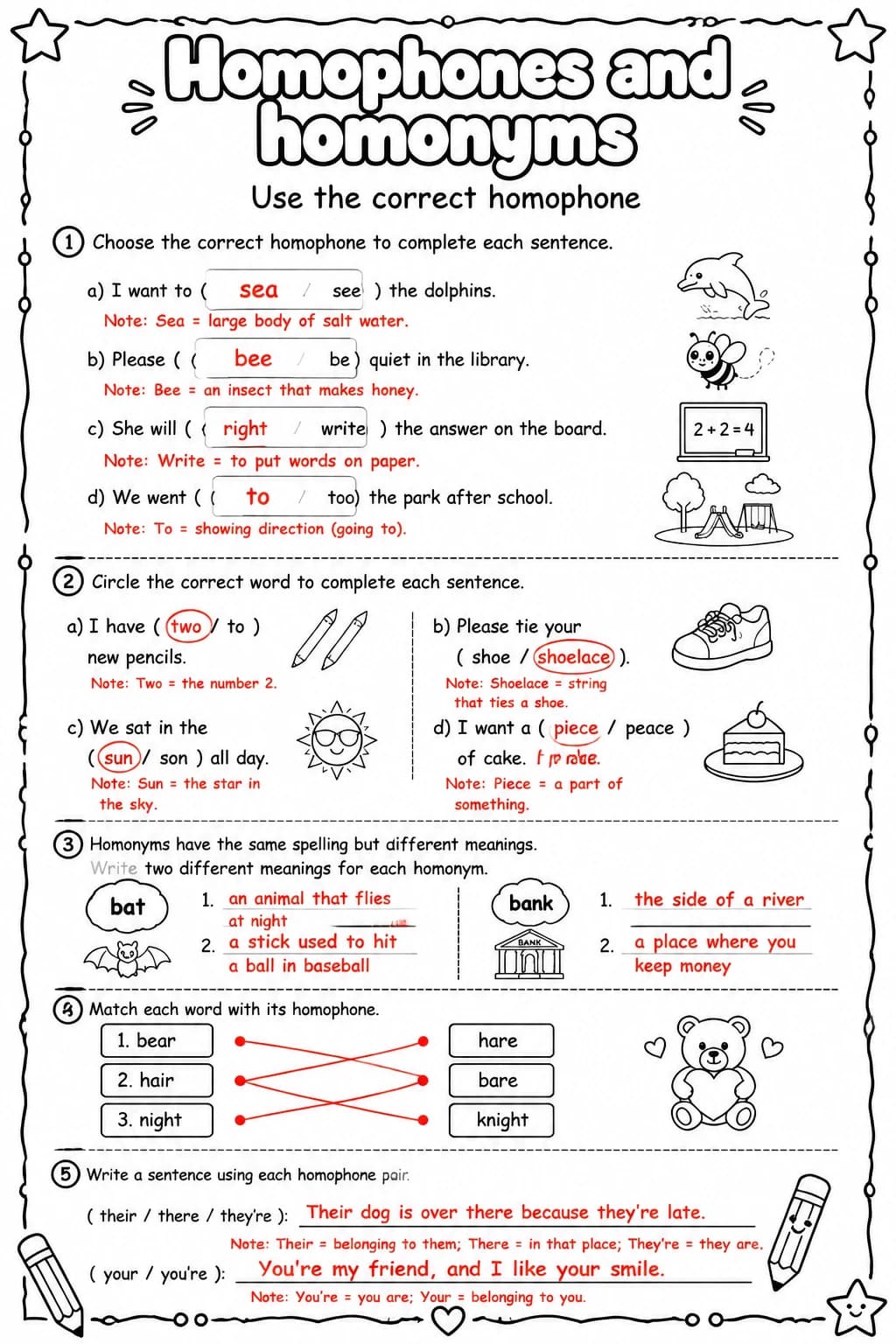 Answer key for Use the correct homophone — free printable English & Reading worksheet