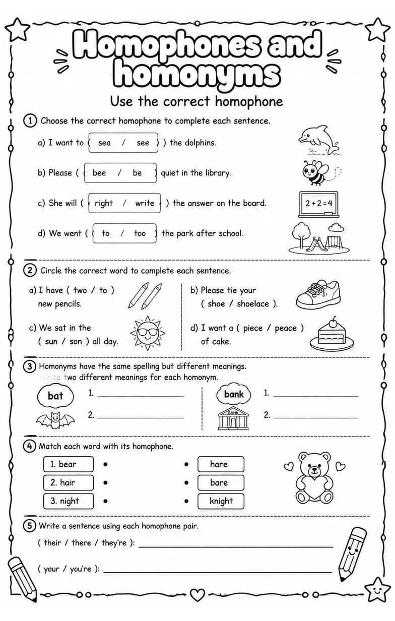 Use the correct homophone — free printable Vocabulary English worksheet