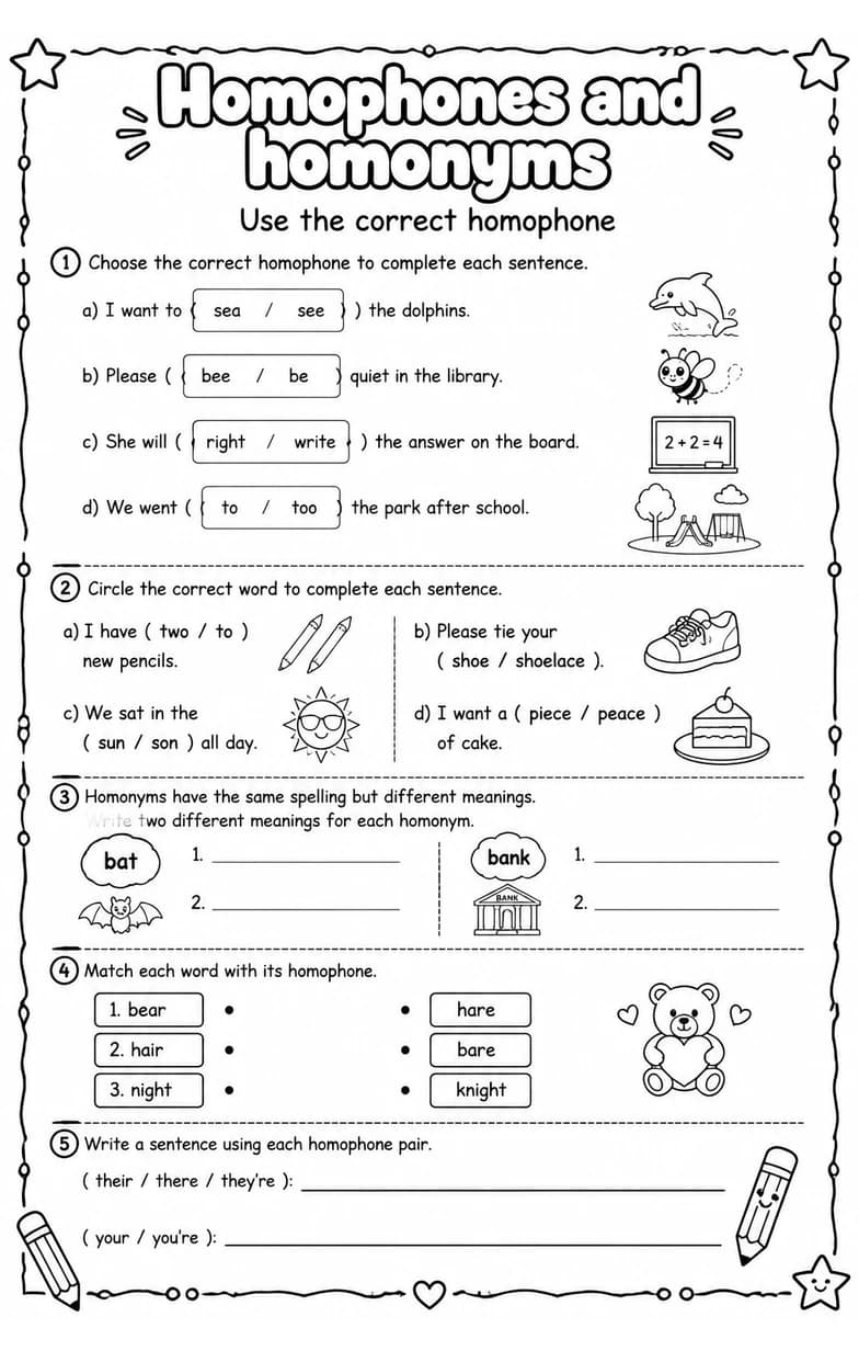 Use the correct homophone — free printable Grade 2 English & Reading worksheet