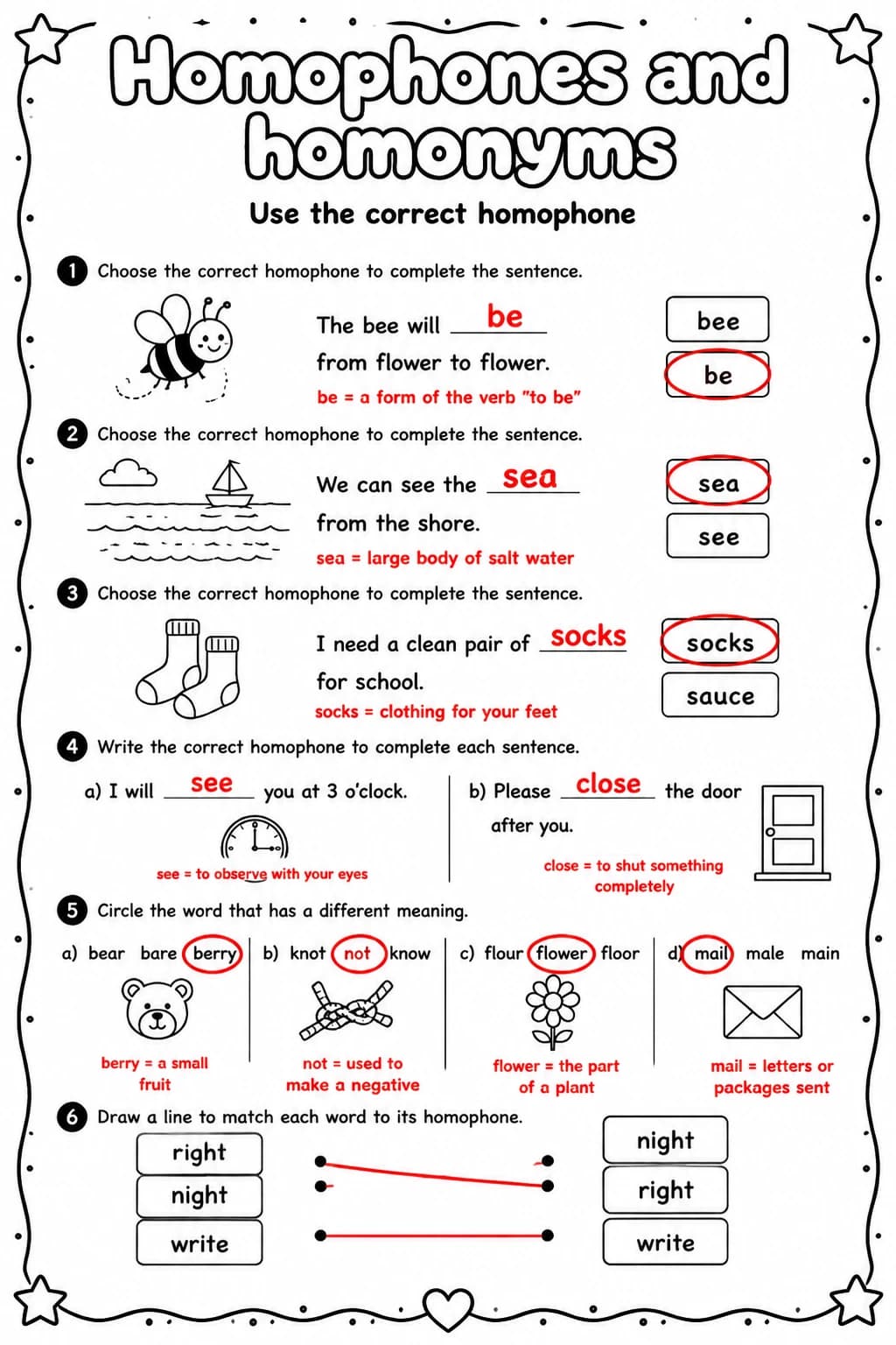 Answer key for Use the correct homophone — free printable English & Reading worksheet