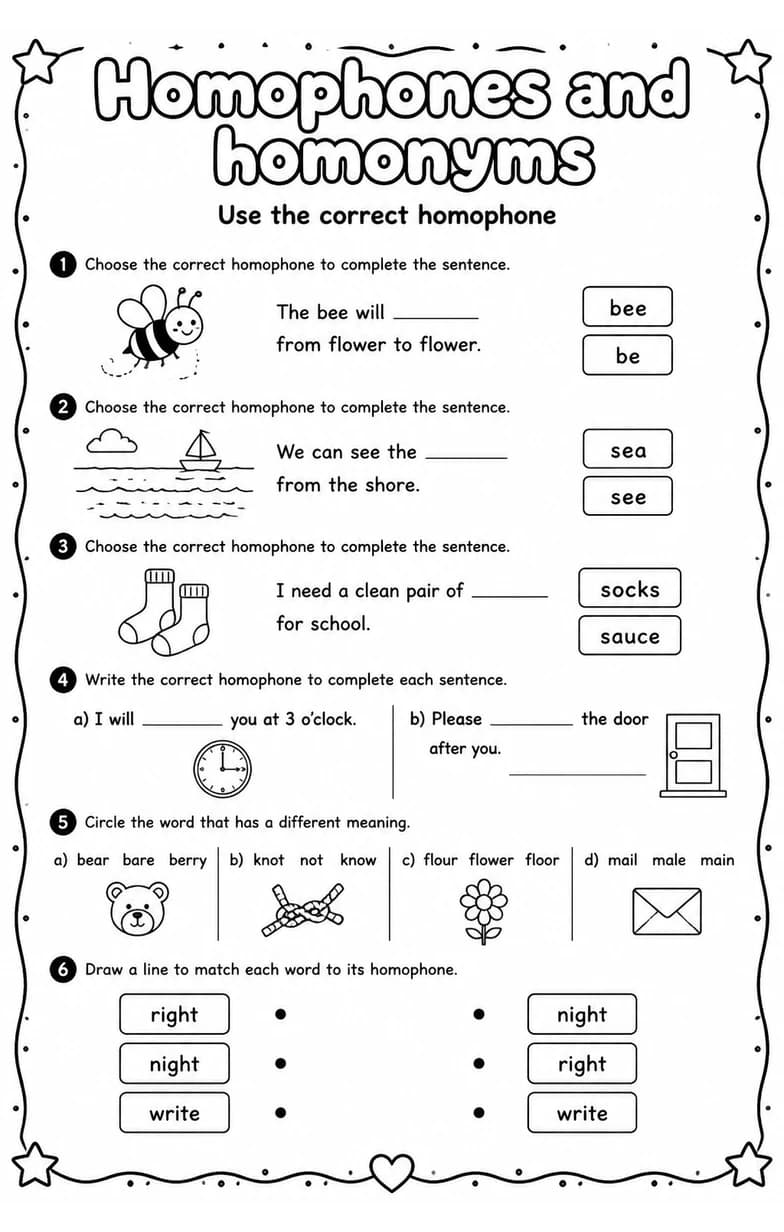 Use the correct homophone — free printable Grade 3 English & Reading worksheet