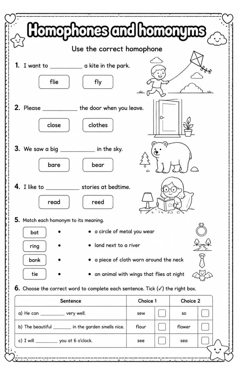 Use the correct homophone — free printable Grade 4 English & Reading worksheet