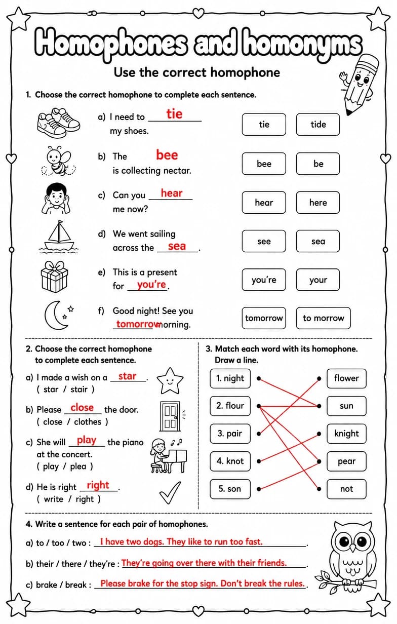Answer key for Use the correct homophone — free printable English & Reading worksheet