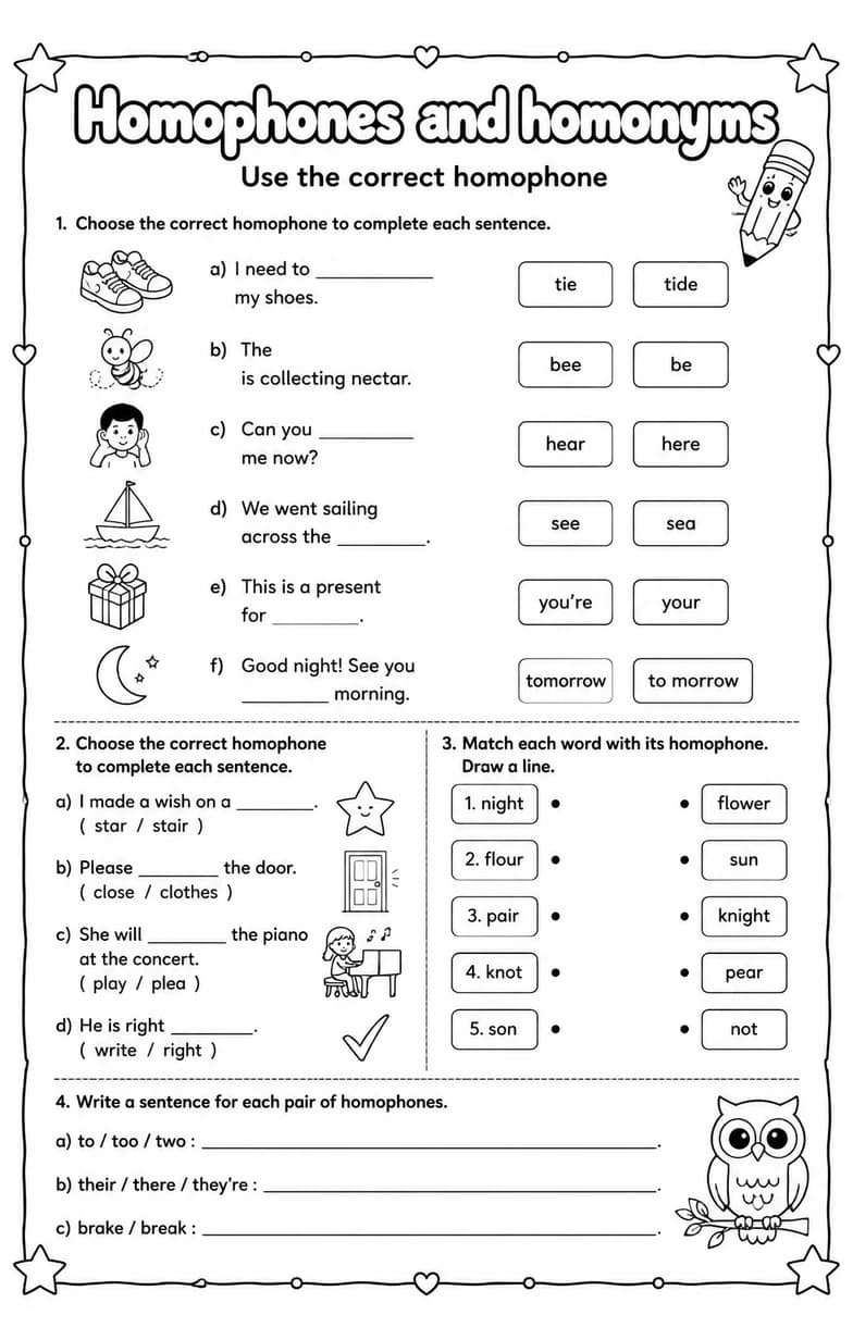 Use the correct homophone — free printable Grade 5 English & Reading worksheet