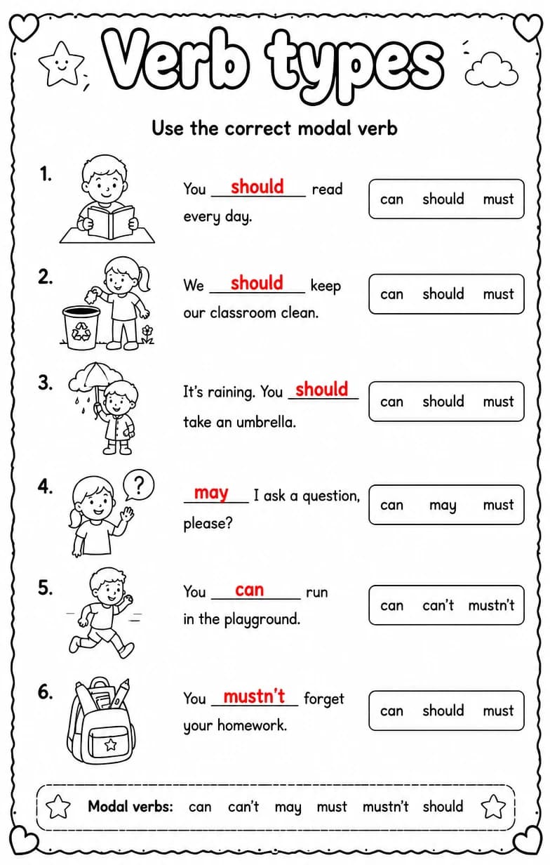 Answer key for Use the correct modal verb — free printable English & Reading worksheet