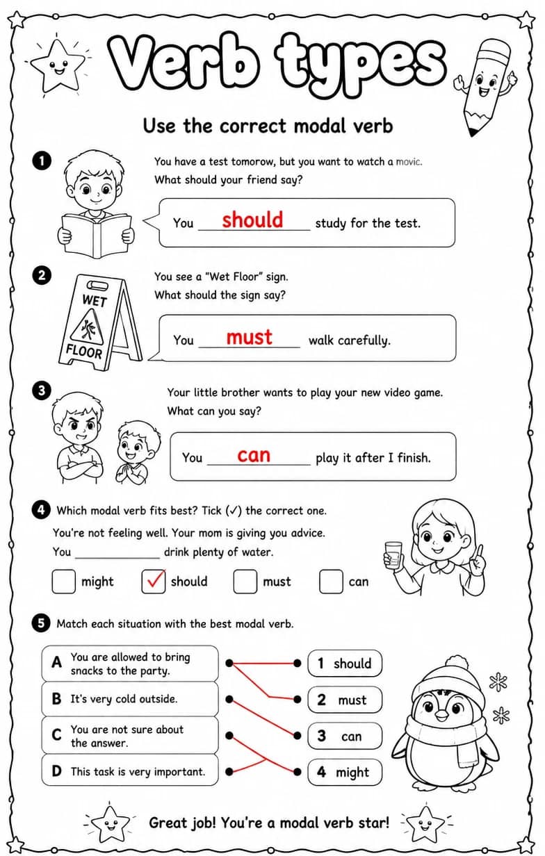 Answer key for Use the correct modal verb — free printable English & Reading worksheet