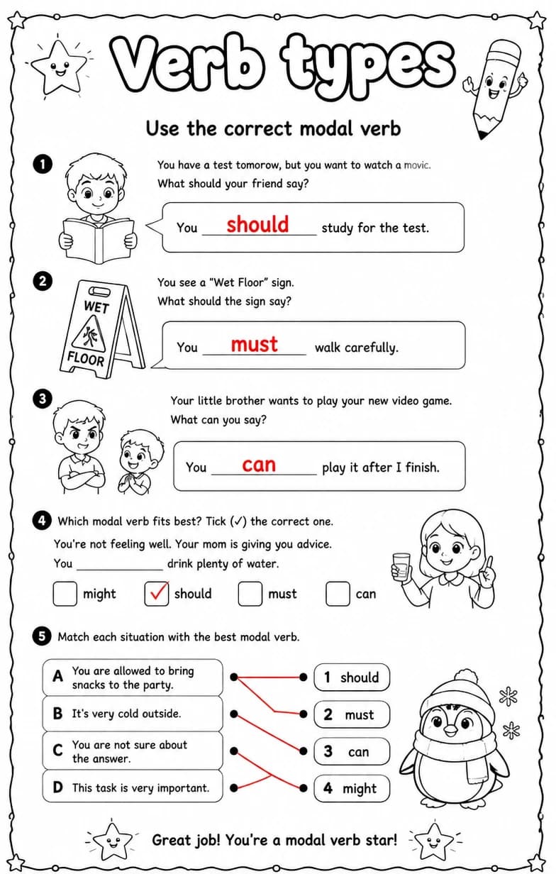 Answer key for Use the correct modal verb — free printable English & Reading worksheet