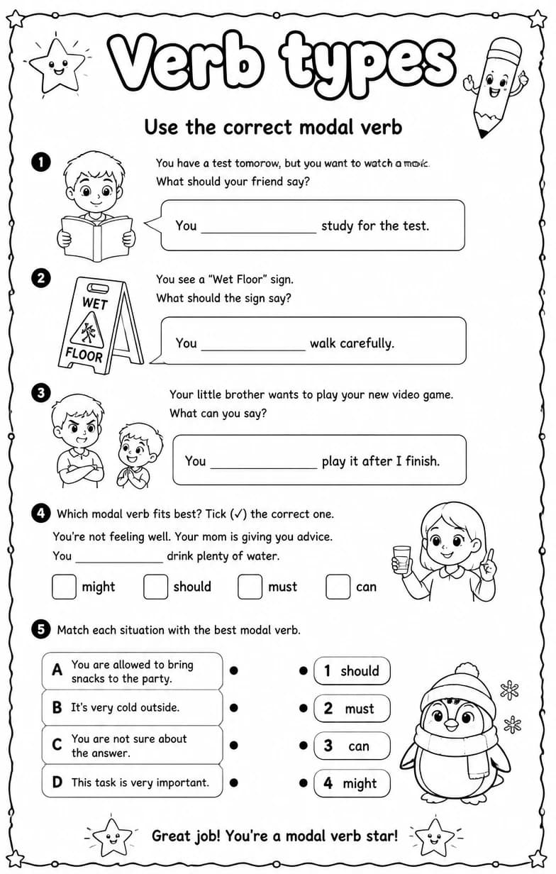 Use the correct modal verb — free printable Grade 5 English & Reading worksheet