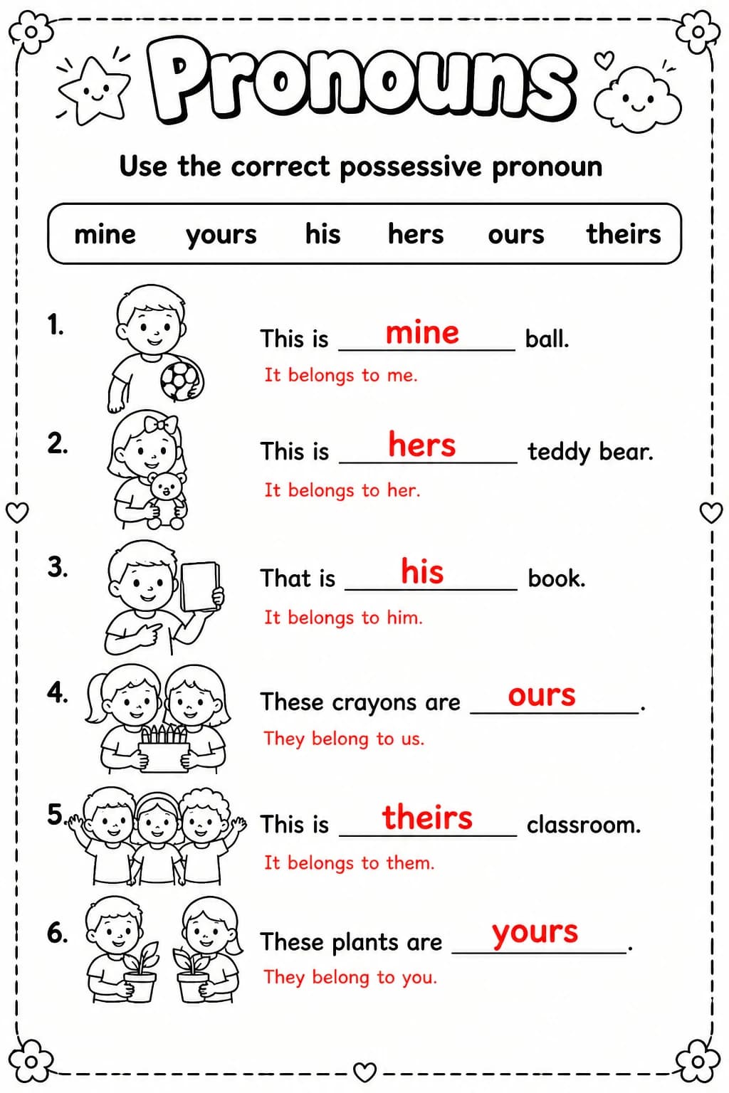Answer key for Use the correct possessive pronoun — free printable English & Reading worksheet