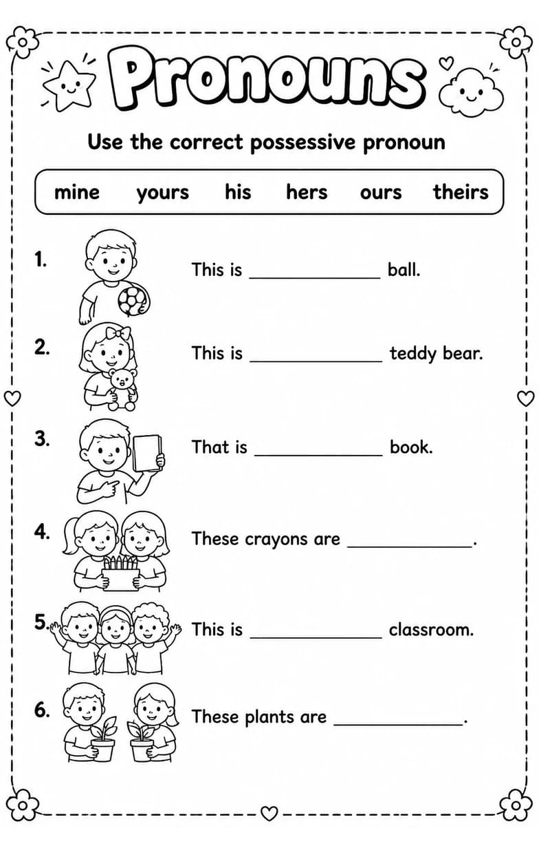 Use the correct possessive pronoun — free printable Grade 1 English & Reading worksheet