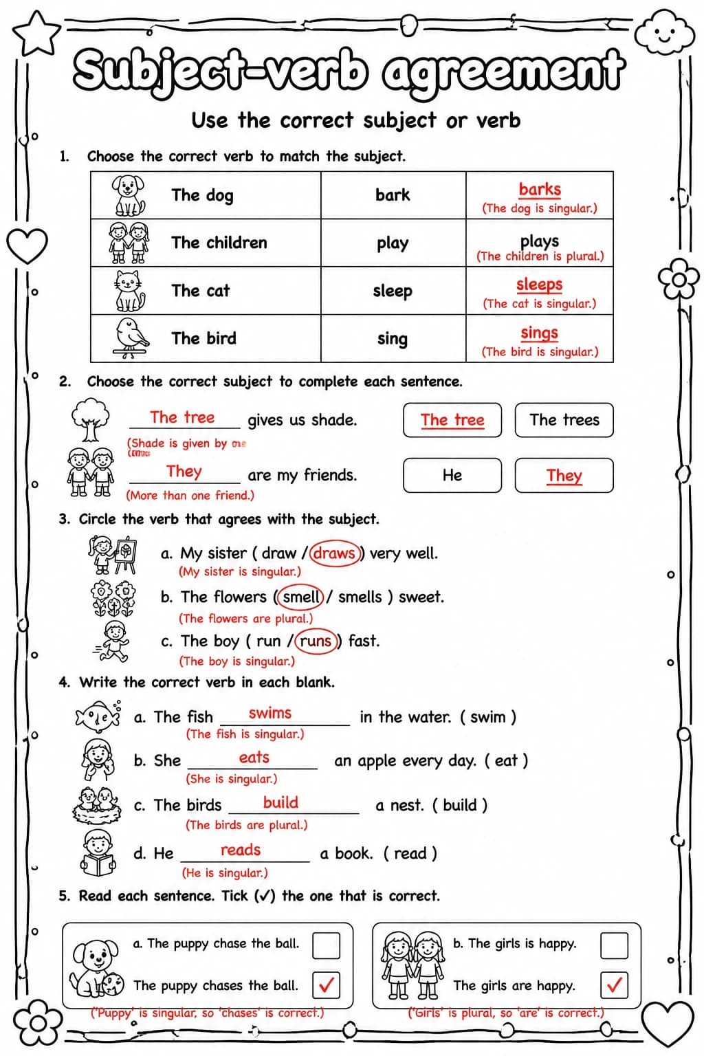 Answer key for Use the correct subject or verb — free printable English & Reading worksheet