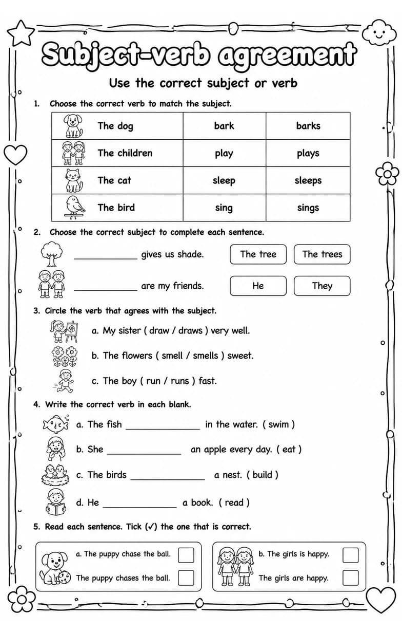 Use the correct subject or verb — free printable Grade 2 English & Reading worksheet