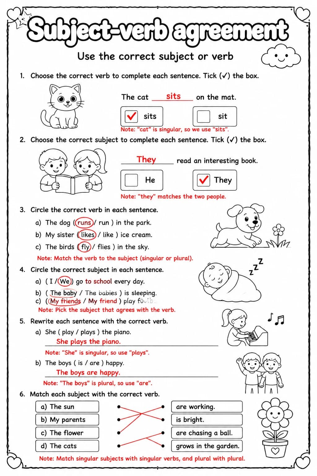 Answer key for Use the correct subject or verb — free printable English & Reading worksheet