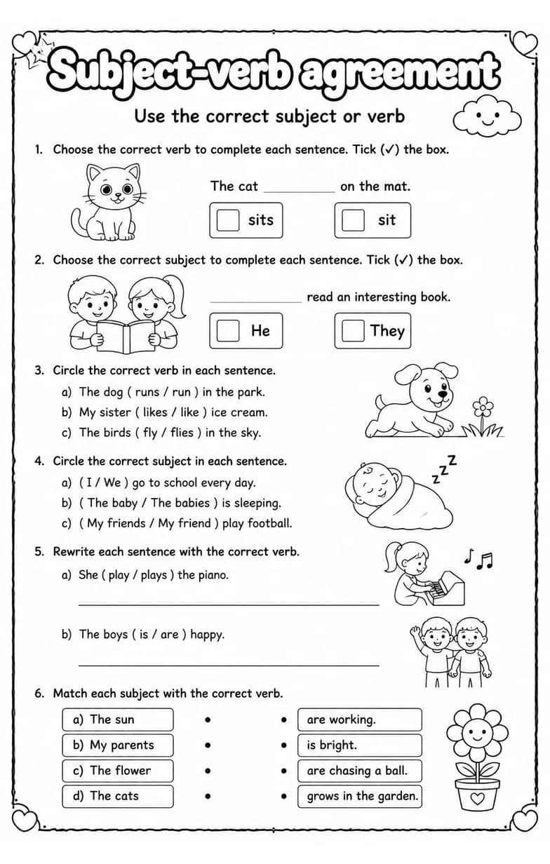 Use the correct subject or verb — free printable Grammar and mechanics English worksheet